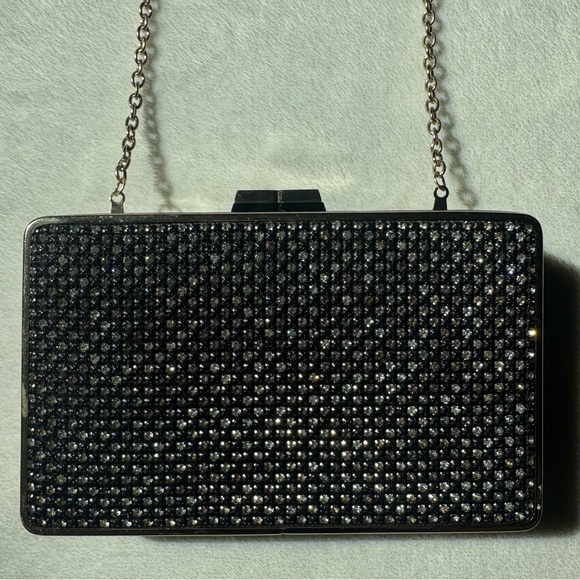 BCBGMAXAZRIA Elegant Rhinestone Sonia Black Crystal Mesh Satin Frame Clutch